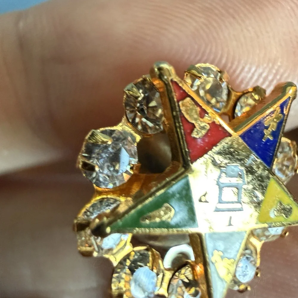 Vintage Order Eastern Star OES Tie Tack Pin Rhinestone Enamel Masonic Fraternal